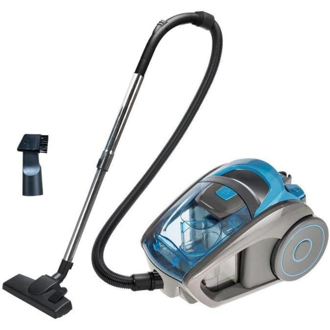 Aspirateur de sol sur roues, coloris gris et noir, avec une prise en main par poignee